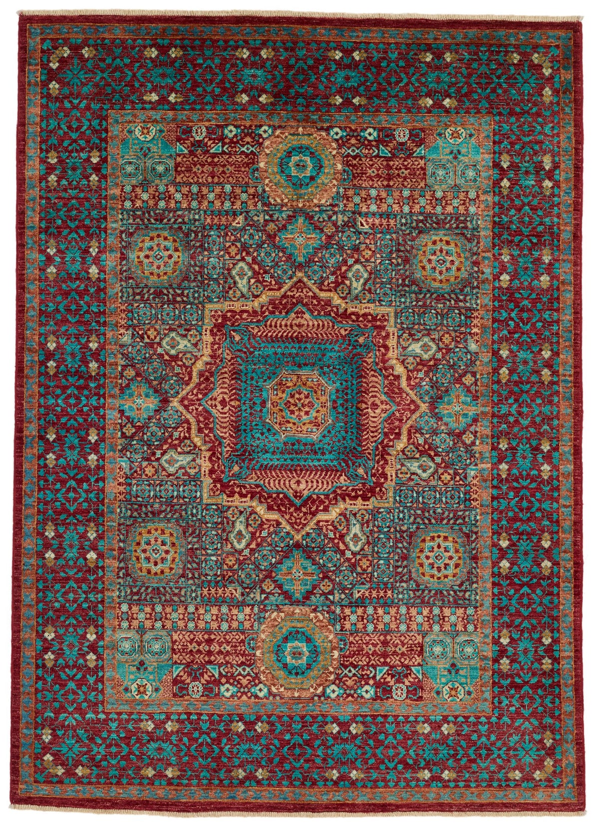 5x7 Burgundy and Multicolor Turkish Tribal Rug