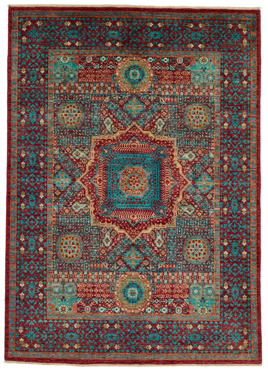 5x7 Burgundy and Multicolor Turkish Tribal Rug