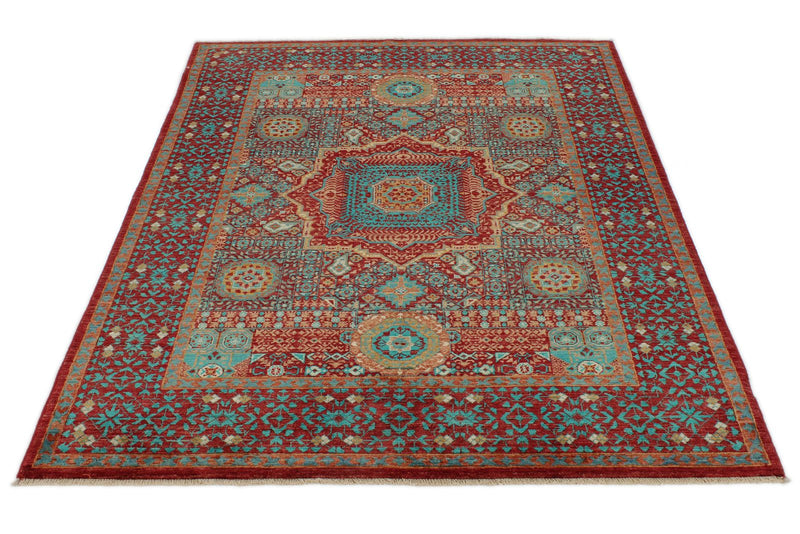 5x7 Burgundy and Multicolor Turkish Tribal Rug