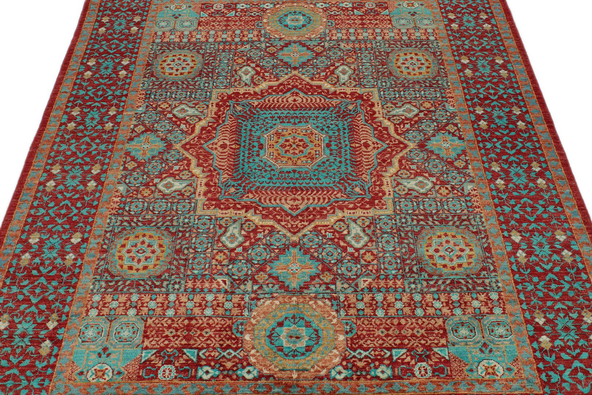 5x7 Burgundy and Multicolor Turkish Tribal Rug