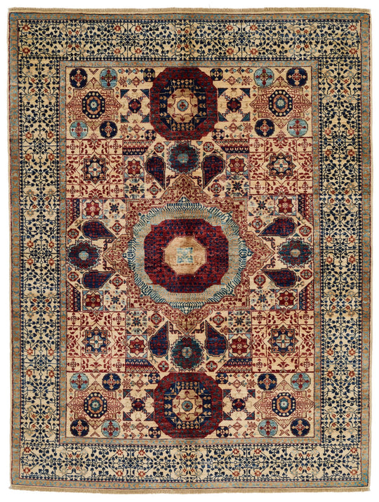 5x7 Beige and Ivory Turkish Tribal Rug