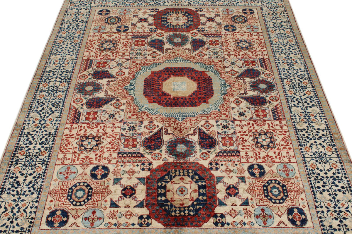 5x7 Beige and Ivory Turkish Tribal Rug