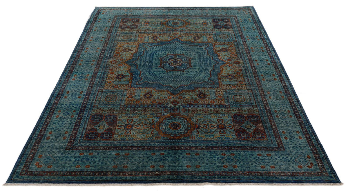 6x8 Multicolor and Light Blue Turkish Tribal Rug