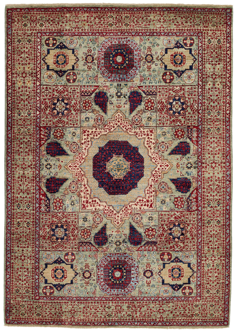 5x7 Green and Multicolor Turkish Tribal Rug