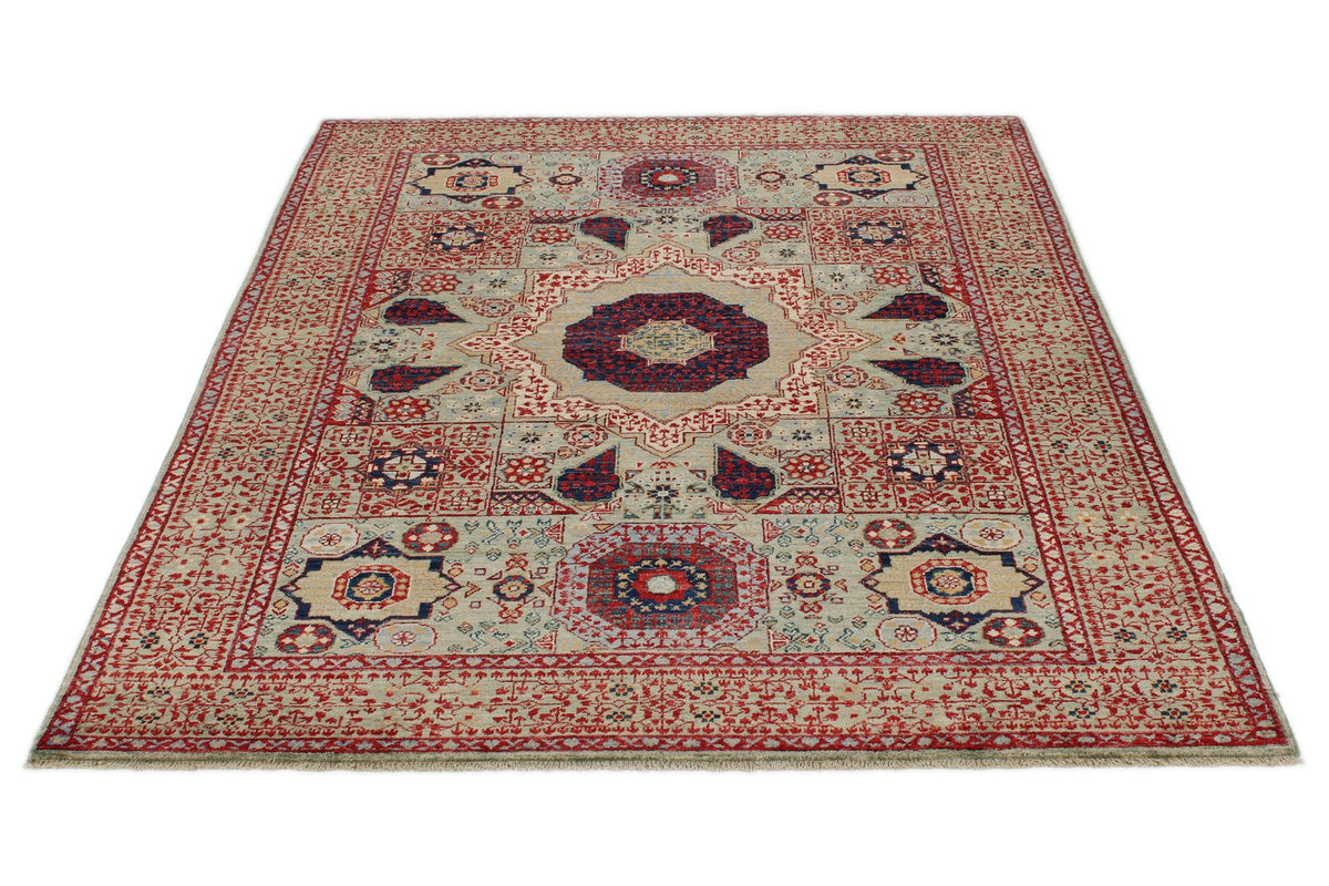 5x7 Green and Multicolor Turkish Tribal Rug