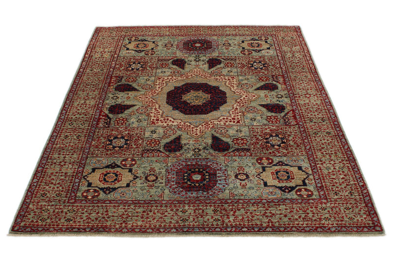 5x7 Green and Multicolor Turkish Tribal Rug