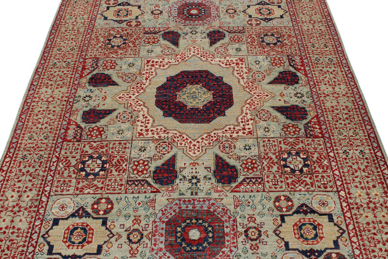 5x7 Green and Multicolor Turkish Tribal Rug