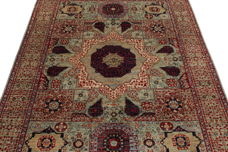 5x7 Green and Multicolor Turkish Tribal Rug