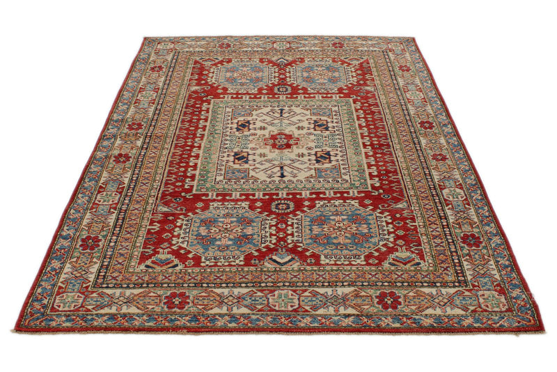 5x7 Burgundy and Multicolor Kazak Tribal Rug