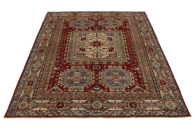 5x7 Burgundy and Multicolor Kazak Tribal Rug
