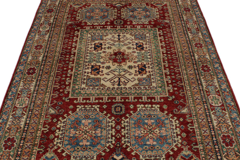 5x7 Burgundy and Multicolor Kazak Tribal Rug
