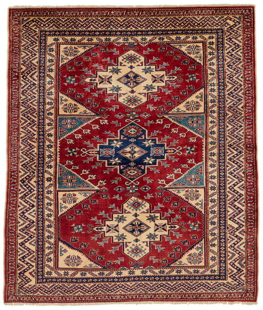 5x6 Burgundy and Multicolor Turkish Tribal Rug
