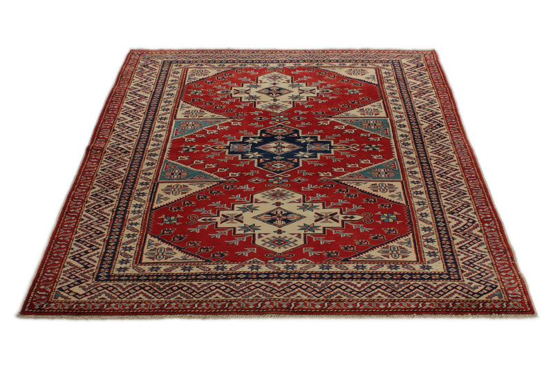 5x6 Burgundy and Multicolor Turkish Tribal Rug