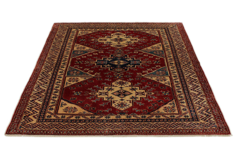 5x6 Burgundy and Multicolor Turkish Tribal Rug