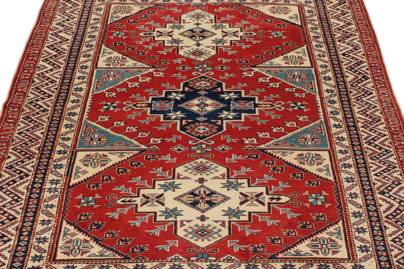 5x6 Burgundy and Multicolor Turkish Tribal Rug