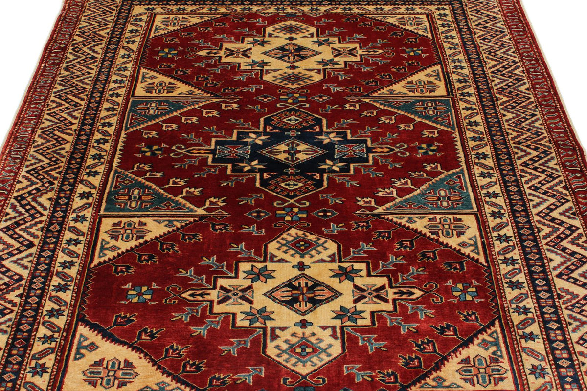 5x6 Burgundy and Multicolor Turkish Tribal Rug