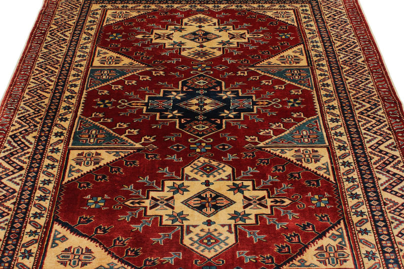 5x6 Burgundy and Multicolor Turkish Tribal Rug