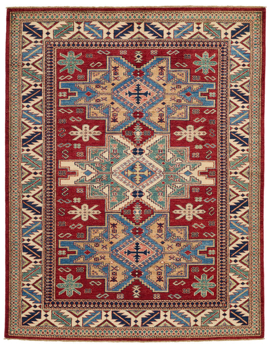 5x6 Red and Ivory Kazak Tribal Rug