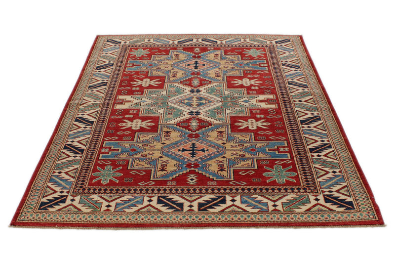 5x6 Red and Ivory Kazak Tribal Rug