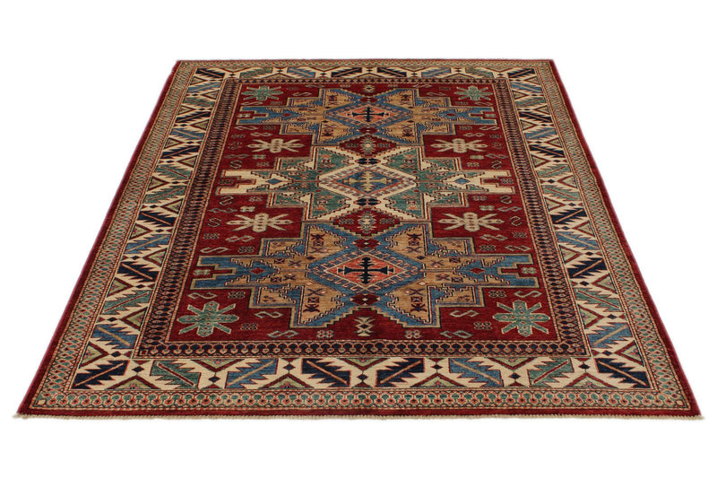 5x6 Red and Ivory Kazak Tribal Rug