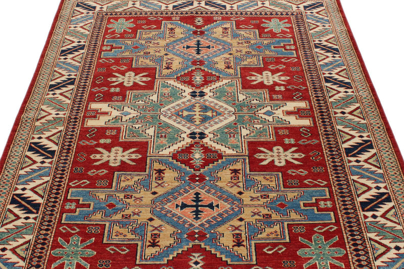 5x6 Red and Ivory Kazak Tribal Rug
