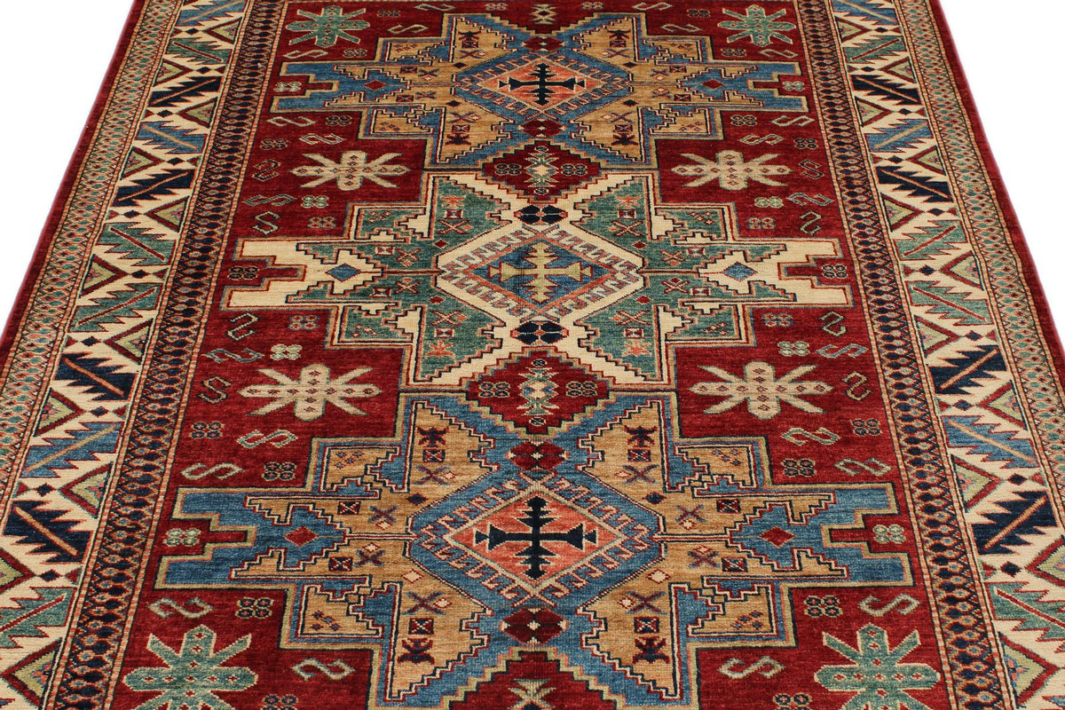 5x6 Red and Ivory Kazak Tribal Rug
