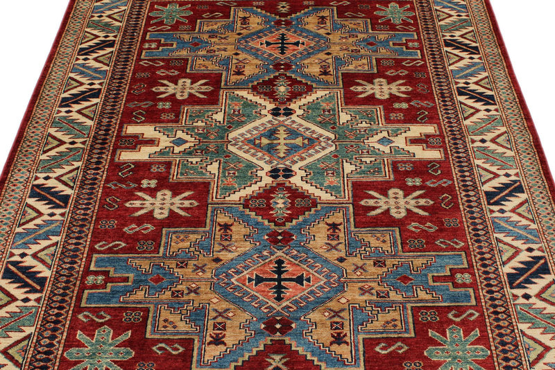 5x6 Red and Ivory Kazak Tribal Rug