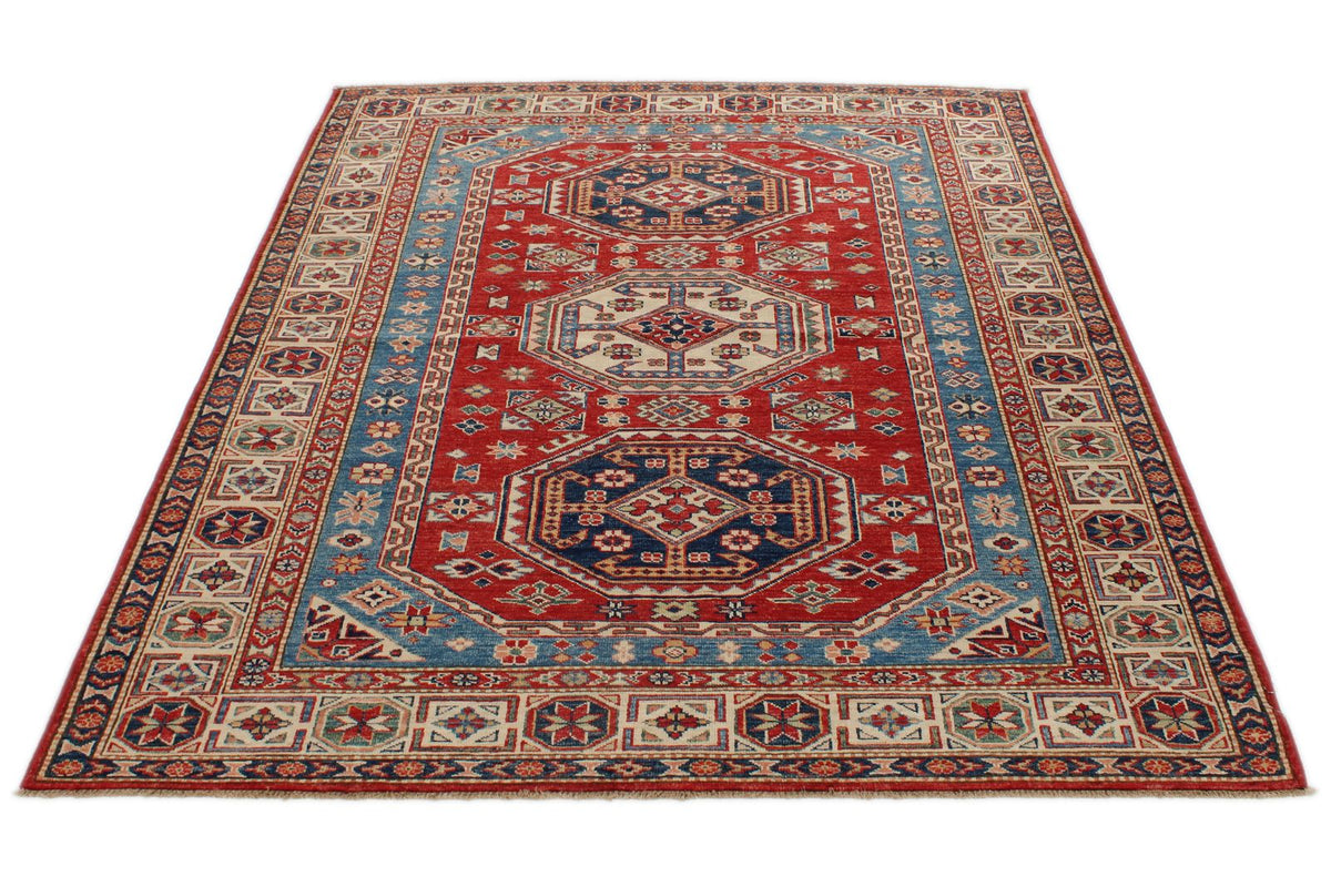 5x7 Red and Ivory Kazak Tribal Rug
