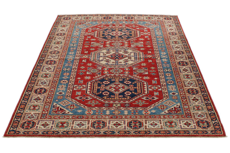 5x7 Red and Ivory Kazak Tribal Rug