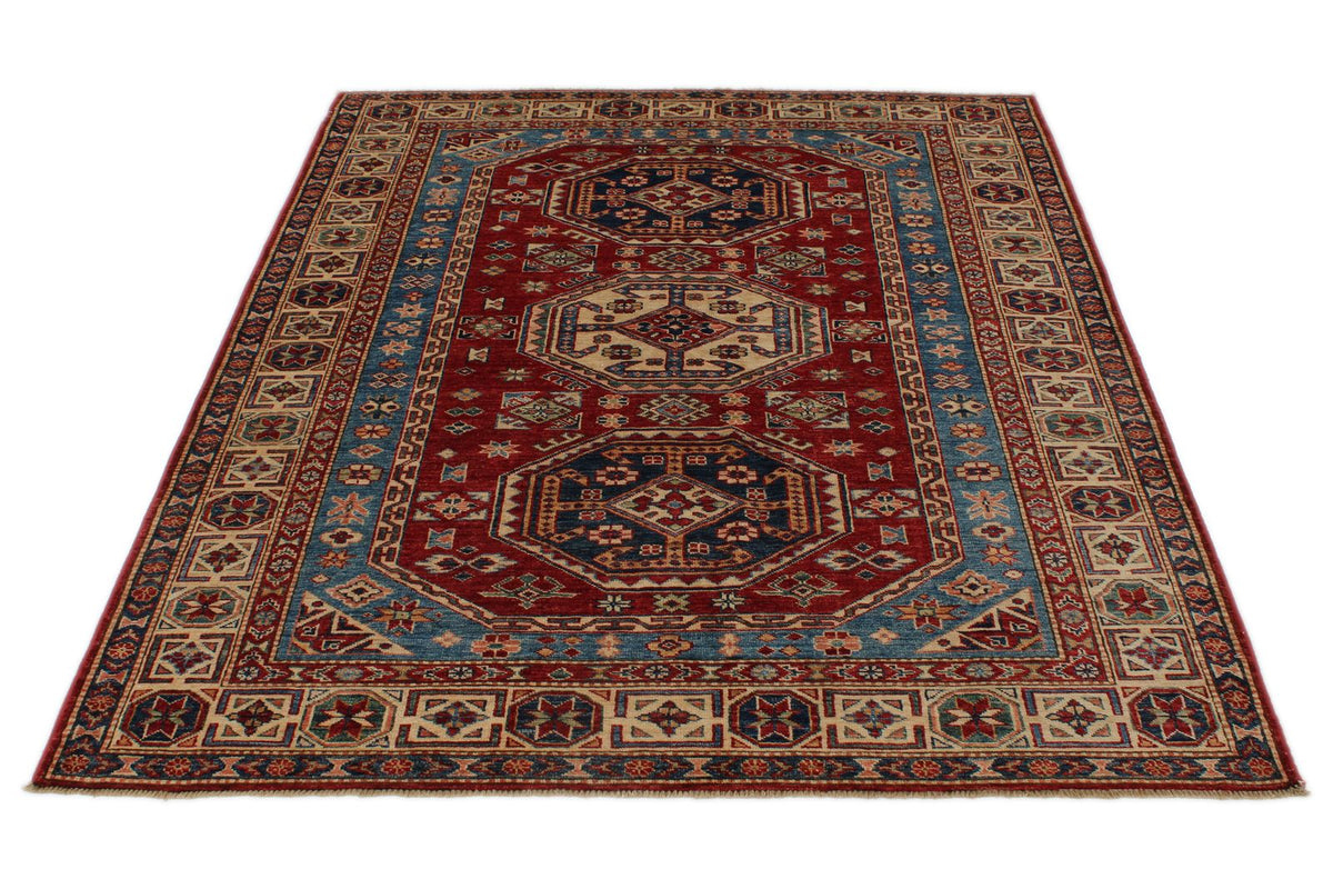 5x7 Red and Ivory Kazak Tribal Rug