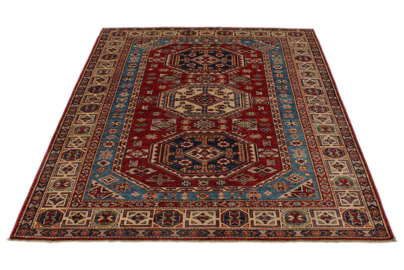 5x7 Red and Ivory Kazak Tribal Rug