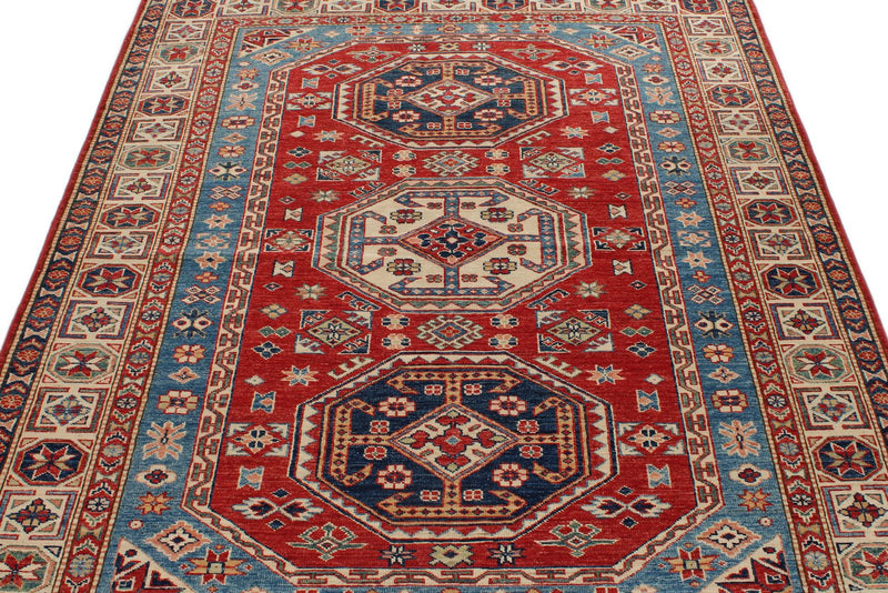 5x7 Red and Ivory Kazak Tribal Rug