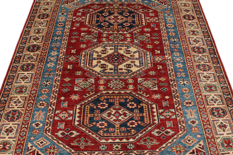 5x7 Red and Ivory Kazak Tribal Rug
