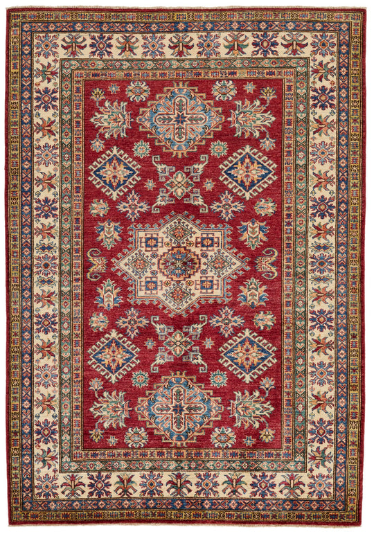 5x7 Red and Ivory Kazak Tribal Rug