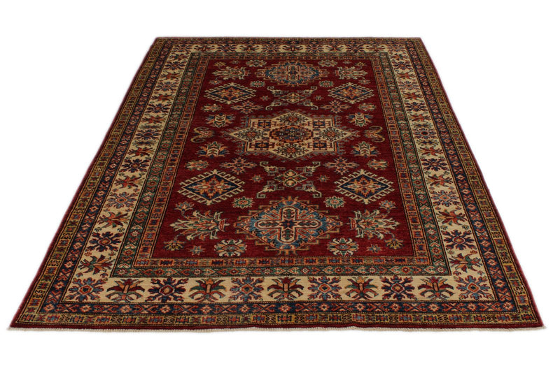 5x7 Red and Ivory Kazak Tribal Rug