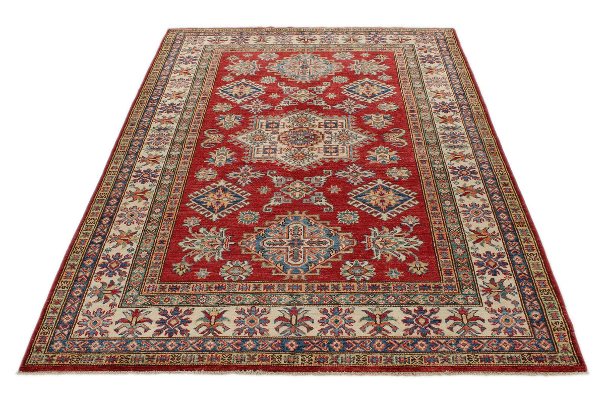 5x7 Red and Ivory Kazak Tribal Rug