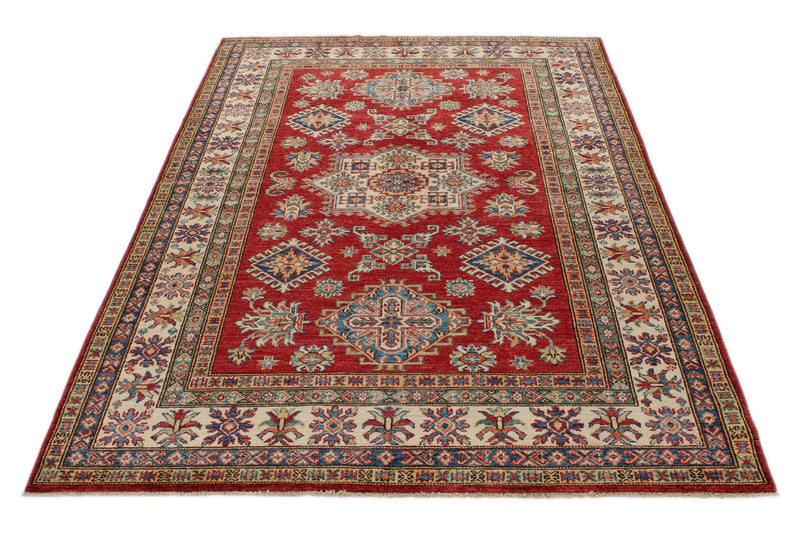 5x7 Red and Ivory Kazak Tribal Rug