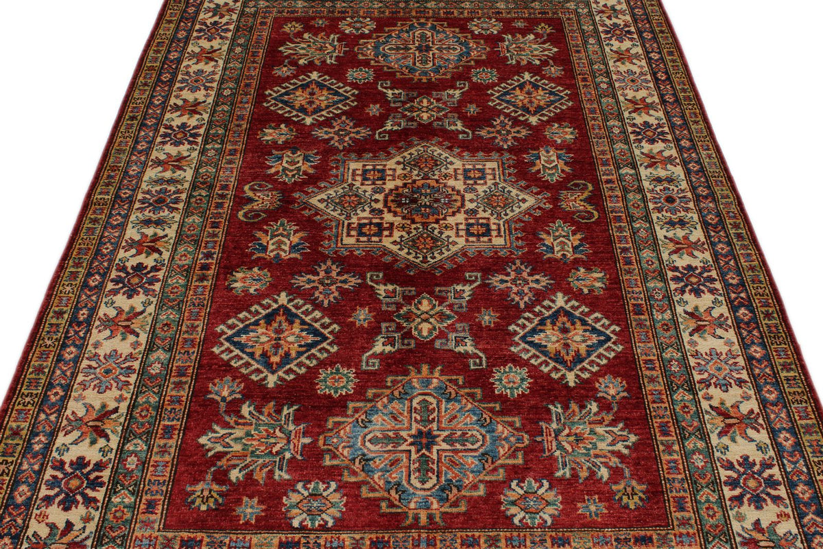 5x7 Red and Ivory Kazak Tribal Rug