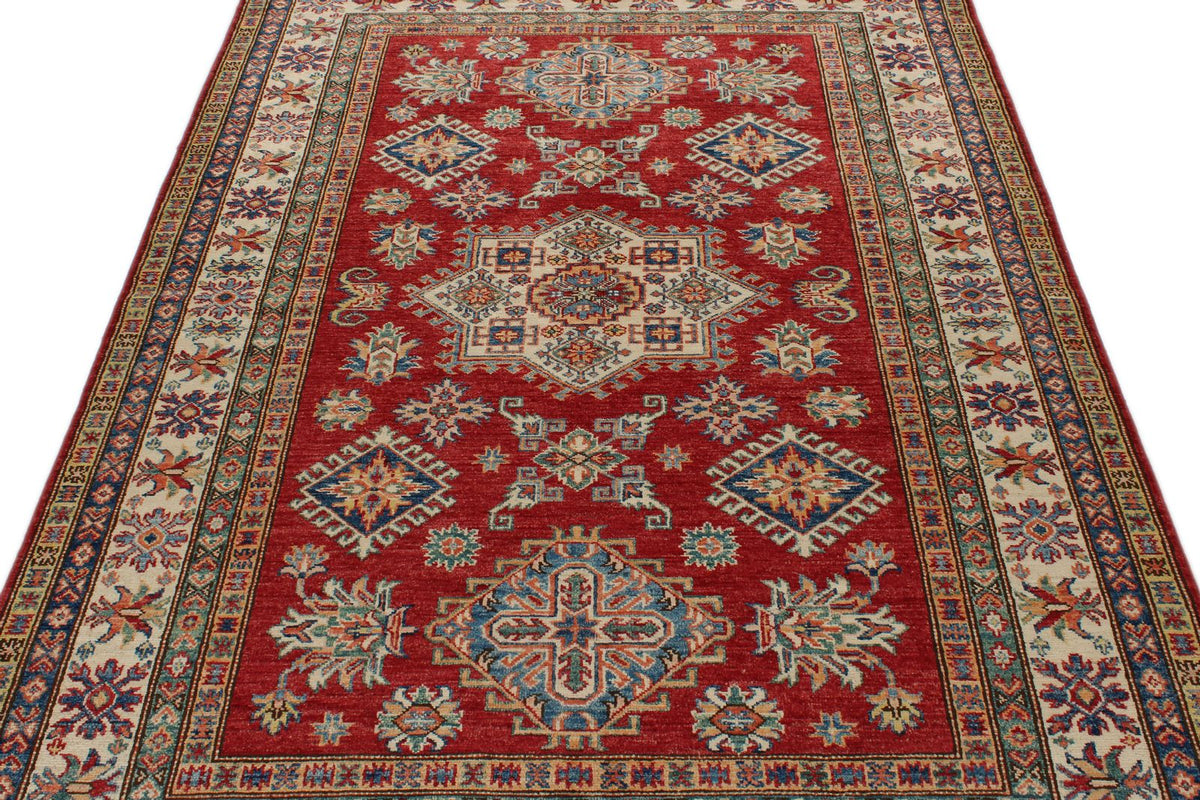 5x7 Red and Ivory Kazak Tribal Rug