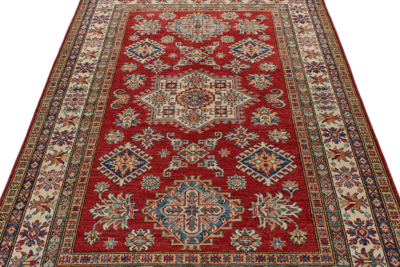 5x7 Red and Ivory Kazak Tribal Rug