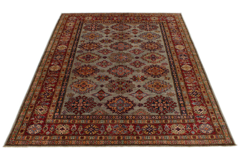 5x7 Gray and Red Kazak Tribal Rug