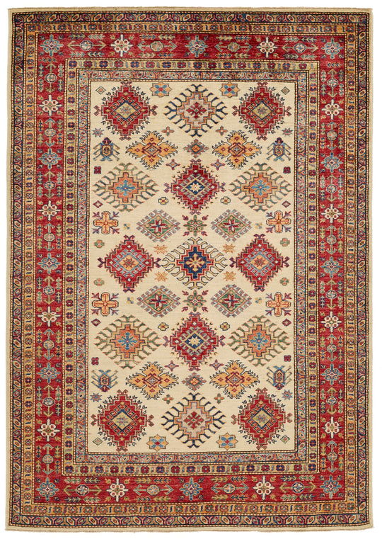 5x7 Ivory and Red Kazak Tribal Rug