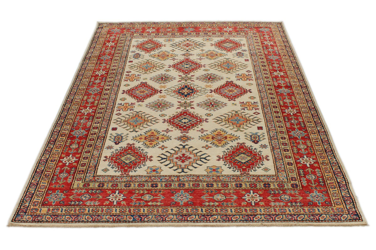 5x7 Ivory and Red Kazak Tribal Rug