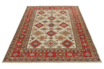 5x7 Ivory and Red Kazak Tribal Rug