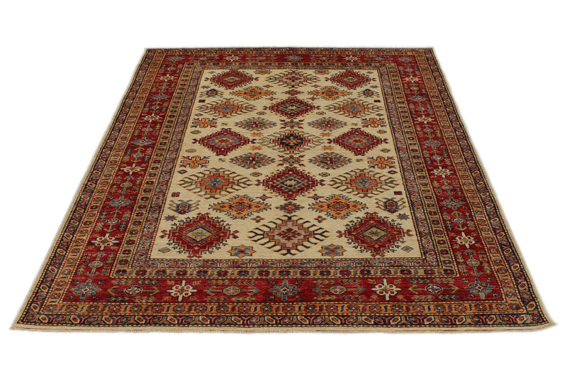 5x7 Ivory and Red Kazak Tribal Rug