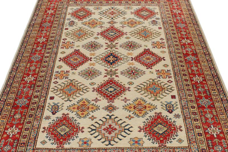 5x7 Ivory and Red Kazak Tribal Rug