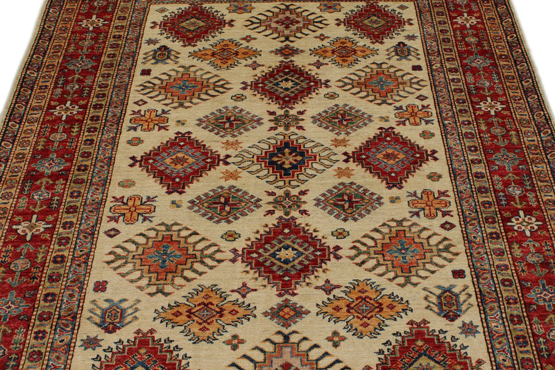 5x7 Ivory and Red Kazak Tribal Rug