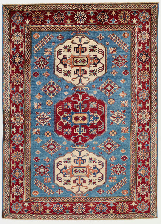 5x7 Blue and Burgundy Kazak Tribal Rug