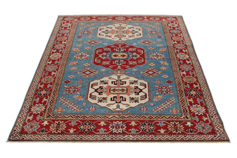 5x7 Blue and Burgundy Kazak Tribal Rug