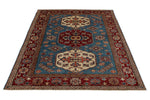 5x7 Blue and Burgundy Kazak Tribal Rug